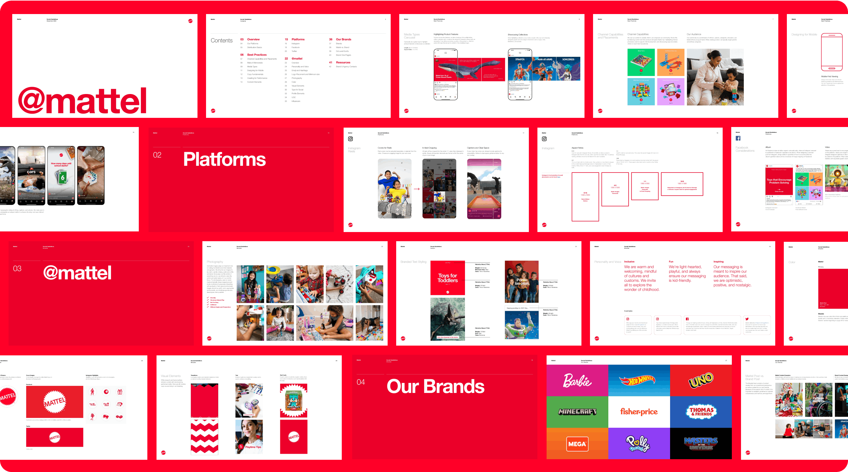 grid of pages from the mattel social guidelines